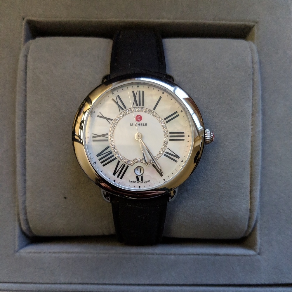 NIB Michele Crystal Face Swiss Watch Black Croc